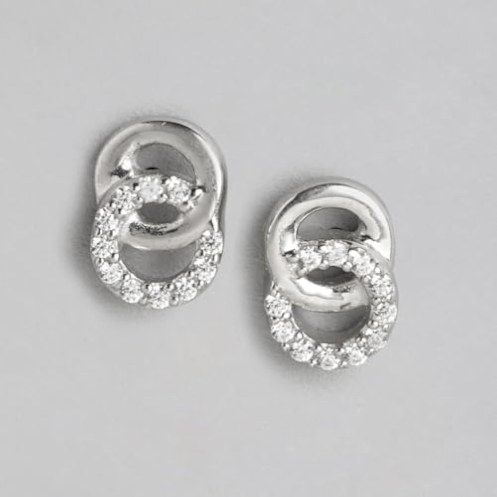925 Silver CZ Gilded Circles Rhodium Stud Earrings