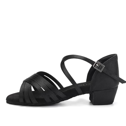SWDZM Girls Latin Dance Shoes Low Heels Ballroom Salsa Tango Practice Dance Shoes for Girls Kids,Black,Heel 1 3/8 inch,Suede Sole,4.5 US Big Kid
