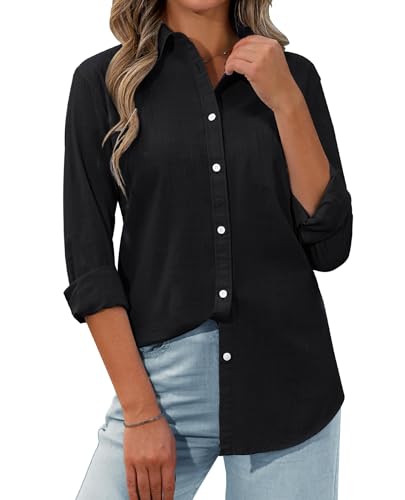 siliteelon Linen Shirts for Womens Button Down Shirt Long Sleeve Blouse for Casual, Beach, Work Breathable Collared Tops Black