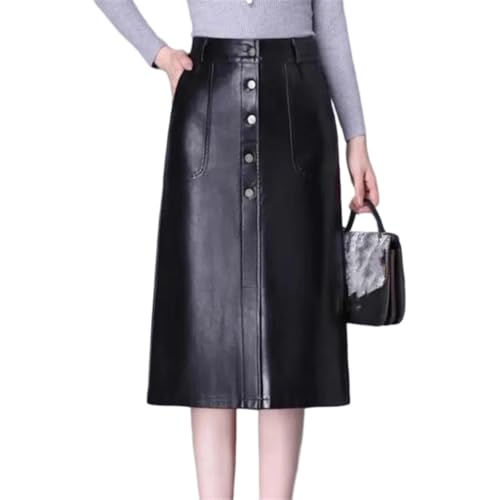 Women PU Leather Midi Skirt High Waist Bodycon Korean Style Autumn Fashion Skirt