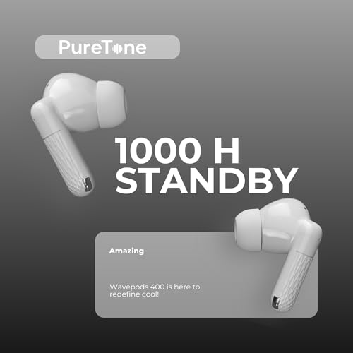 Image of OOGE Wavepods 400 TWS Earbuds, Quad Mic with ENC, 1000-Hour Standby, Type-C Fast Charging, PureTone HD Audio, Elegant White Textured Design