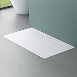 Mai & Mai Piatto Doccia 80x140 cm con Piletta, Spessore 3cm, Piatto Doccia Rettangolare Ultrasottile in Resina Effetto Pietra, Antiscivolo Indistruttibile, per Box Doccia, Bianco, Geoma07