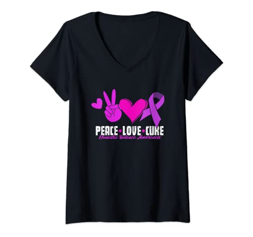 Mujer Peace Love Cure | Concienciación sobre la violencia doméstica | Derechos de las mujeres Camiseta Cuello V