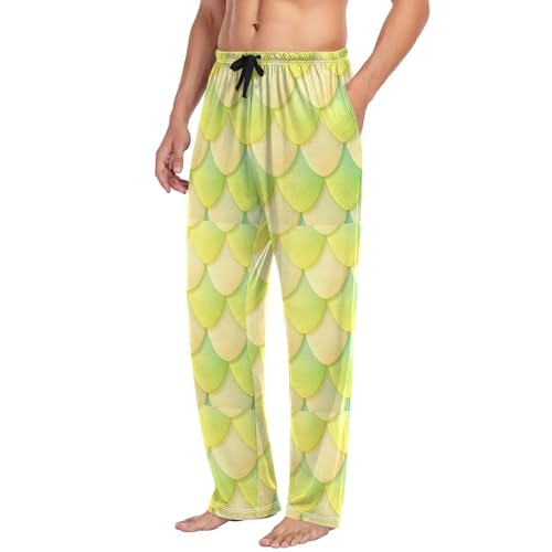 Men’s Green Dragon Scales Pajama Pants with Pockets, Comfortable Lounge Sleep Bottoms#5174