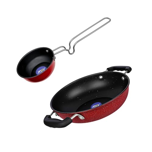 Image of DOZY Premium Nonstick KADHAI 1.5 LTR. Capacity /TADKA PAN 0.5 Capacity Combo red & Black(Iron, Induction Bottom)