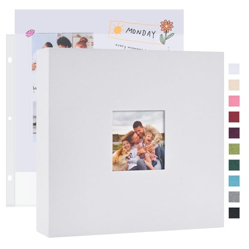 Mublalbum 12x12 Inch DIY Scrapbook Photo Album with 20 Plastic Sleeves 40 Pages Linen Cover 3 Ring Folder Binder for Wedding Baby Family and DIY Projects (White)