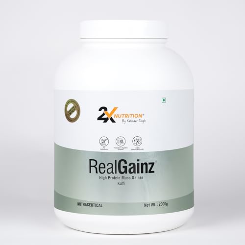 Image of REALGAINZ by 2X Nutrition | High-protein mass gainer | 78g Carbs per serving | High protein (26g) Natural weight gain | Build lean muscle mass | contains digestive enzymes (2Kg, Kulfi)