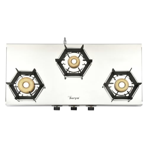 Image of Golden Surya 3 Burner Heavy Stainless Steel Gas Stove | Tornado Brass Burners | Manual Ignition | Swivel Inlet Nozzle ISI Certified | 18-Month Warranty-(Crystal)