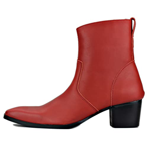OSSTONE Dress Boot for Men Leather Chelsea Boots Calfskin Casual Heel Shoes Zipper-up OS-JY048-Red-R2