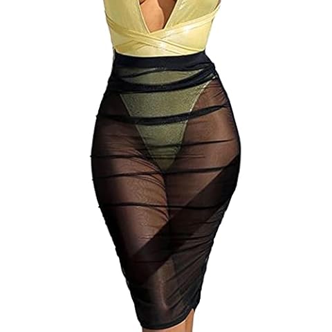 Women Sexy See-Through Maxi Swimsuit Skirt Sheer Chiffon Skinny Sarong Bikini Cover up, Black, Small Cover