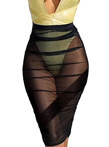 Women Sexy See-Through Maxi Swimsuit Skirt Sheer Chiffon Skinny Sarong Bikini Cover up