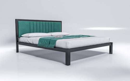 Image of Craft Modern Upholstered Queen Size Bed for Bedroom | Metal Double Bed | Platform Cot Bed with Upholstery Premium Fabric | 6.5 x 5 Ft | Powder Coated Metal Bed | Green