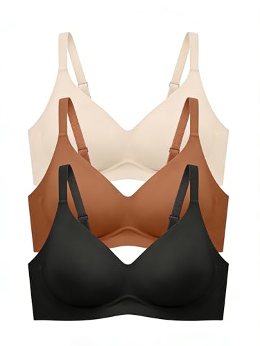 Image of Seamless Wireless Jelly Bras for Women - Lightly Padded Bra with Support, No Underwire Comfortable T-Shirt Bralette (XL, Black+Coffee+Beige)