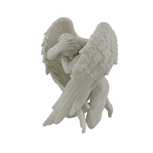 6.25" Winged Nude Male Kneeling With Hands Holding Heads, Marble White #TOP1