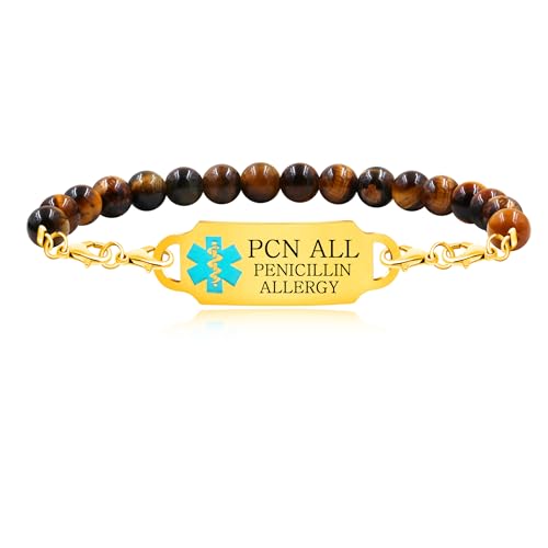 Zircobic Fashion Medical Alert Bracelet | 4 Adjustable Lobster Clasps & Stainless Steel ID Plate | 6mm Natural Amazonite or Tiger Eye Stone | Custom Health Info & QR Code Updatable Anytime（PCN ALL