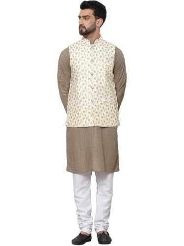Sojanya (Since 1958 Men's Pure Cotton Coffee Kurta And White Pyjama With Embroidered Cream Nehru Jacket