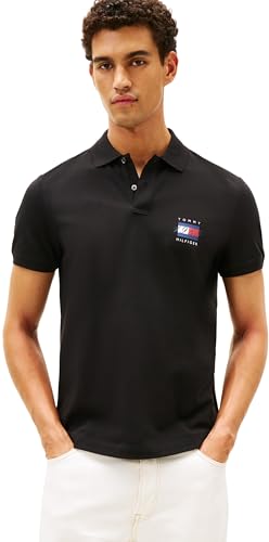 Tommy Hilfiger Men’s Short Sleeve Flag Graphic Pique Regular Fit Polo Shirt, Black (Black), XXL