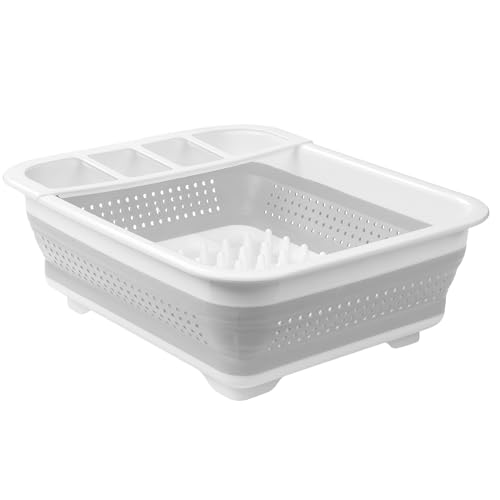 madesmart Collapsible Dish Drying Rack for Kitchen Counters, Plastic Pop-Up Dish Drainer Tray, Gray/White by Madesmart - Used condition - CA$8.19