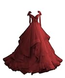 CWOAPO Women's Spaghetti Straps Tulle Prom Dress for Teens V Neck Ruffle Long Layered Ball Gowns Wine Red Puffy Evening Gown Formal Party Dress US16