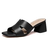 Gorfen Women's Slip on Square Open Toe Heels Sandals with Low Block Chunky Heel for Casual Comfort and Style,Black Size 8