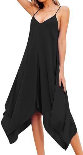 Adigaber Vestido de Verano Mujer Espagueti Correas Sin Mangas Cuello en V Vestido de Playa con Bolsillos