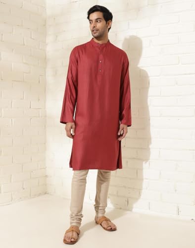 Fabindia Men's Viscose Silk Woven Relaxed Kurta (1037155Red_Red