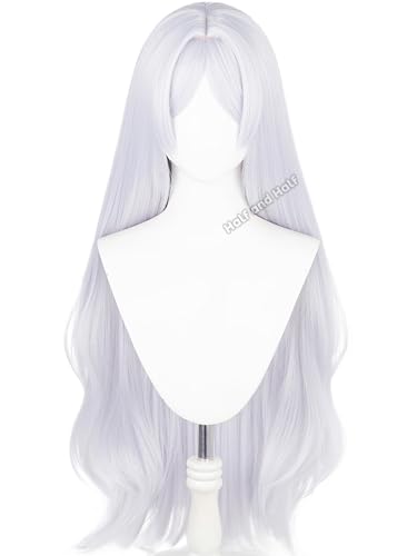 Image of Frieren Cosplay Costume Wig 37.4'' Long Curly Silver White Anime Wigs | Light Gray Wave Wig with Bangs Synthetic Hair for Women Halloween Party Daily
