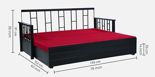 Image of Horrim 3 Seater Metal Sofa Cum Bed with Hydraulic Storage | Queen Size Sofa Cuma Bed | 3 Seater Sofa Set, Metal Sofa Set for Living Room (Matte Black Finish with Red Cushion)