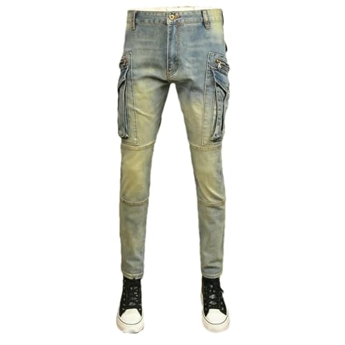 Street Mens Jeans Retro Washed Blue Stretch Slim Fit Spliced Biker Jeans Men Pocket Hip Hop Denim Cargo Pants