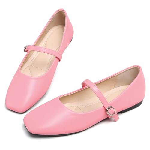 Image of TN TANGNEST Leather Flats for Women Retro Mary Jane Flats | Comfortable Square Toe Slip On Flats with Buckle Strap, Soft Work Flats Office Shoes