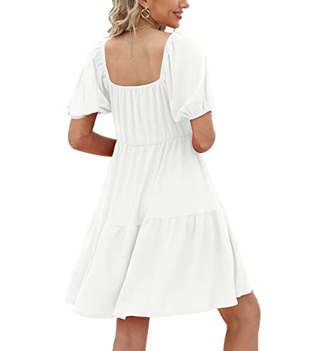 Womens Summer Dresses Casual Square Neck Lantern Sleeve Petite Dresses White L #TOP3