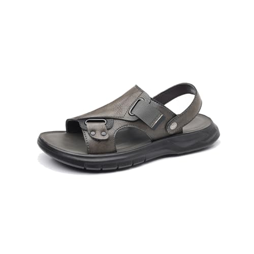 Men's Genuine Leather Flat Hiking Sandals Comfortable Lightweight Open Toe Dual Use Slip on Athletic Walking Sandal for Driving Casual Beach