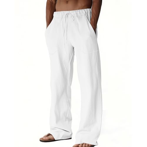 Mens Lightweight Casual Linen Pants Loose Fit Elastic Drawstring Linen Summer Beach Pants for Men