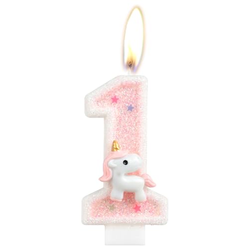 Pink Unicorn Birthday Candle, Number 1 Happy Birthday Cake Decorative, Glittering Party Candle for Girls, Children's Day, School Activities, Family Gathering