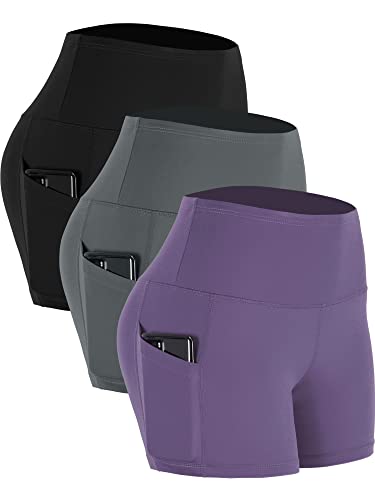 CADMUS Women's Gym Athletic Shorts High Waist Spandex Yoga Shorts,3 Pack,16,Black & Grey & Lavender,Medium