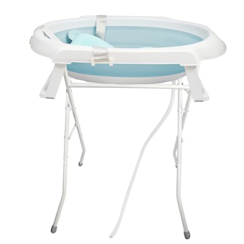 Babybadewanne mit Gestell 84.5cm, Faltbare Babybadewanne mit Badekissen, Babywanne mit Ständer und Abfluss, Ab Geburt bis 2 Jahre (Grün, mit Ständer, 66 * 61 * 82cm)
