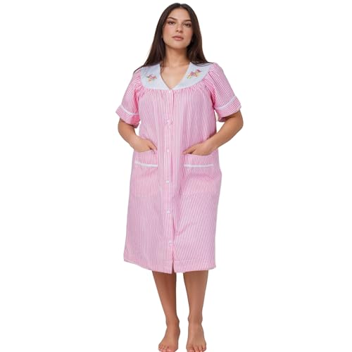 Image of Women's Short Sleeve Woven Snap-Front Closure Striped Embroidery Housecoat Duster Nightgown with Front Pockets