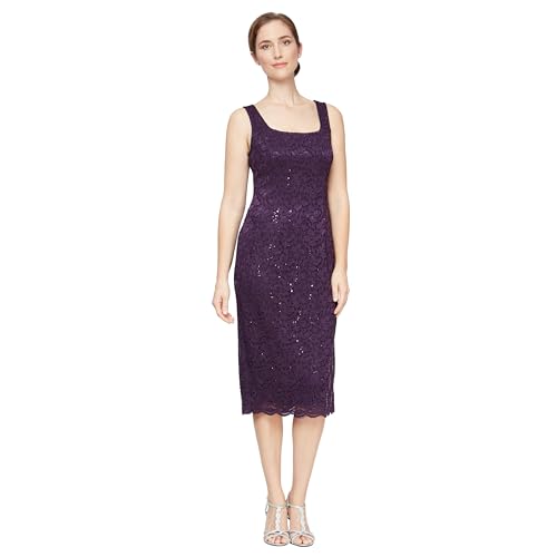 Image of S.L. Fashions Women's Tea Length Sequin Lace Mother of The Bride Dress with Illusion Sleeve Jacket