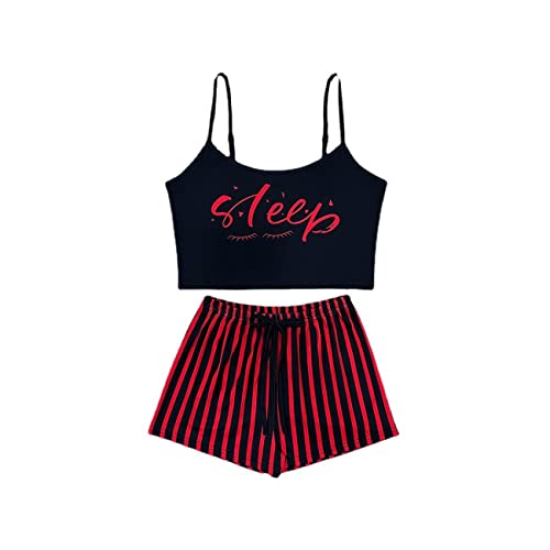 BKEPDY Conjunto de Pijama Mujer Tirantes Estampado Sleep Top Corto Shorts Rayas Pijamas Sexy Verano Ropa Dormir Cómodo Dos Piezas Suave Transpirable Elegante Descanso Nocturno