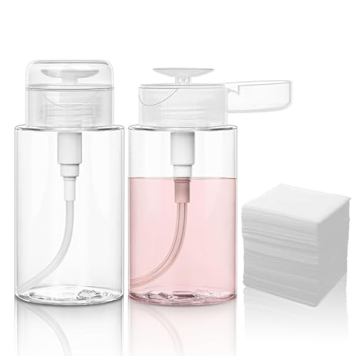 2 Pièces 200ml Flacon Pompe Vide + 100pcs coton demaquillant, Pompe Distributeur Eau Change Bebe, Transparent Pompe a Vide pour Démaquillant et Dissolvant Nettoyant