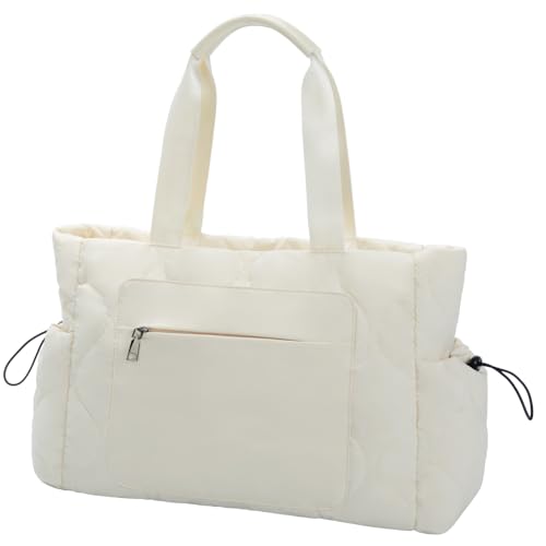 Tote Bag Purse for Women Shoulder Bag, Lightweight Puffy Work 14" Laptop Bag, Large Carry On Travel Tote with Pockets (White)