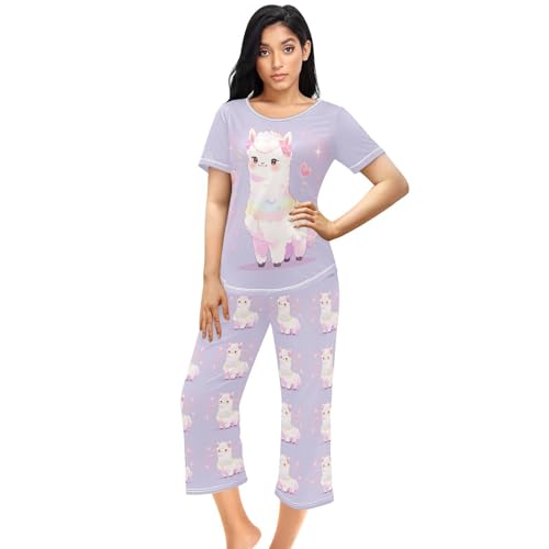 Womens Pajama Sets Two Piece Sleep Shirt Short Sleeve Cartoon Print Pj Set Tops with Pants S-XXL