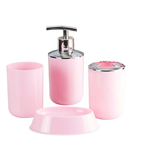 Image of Kookee Acrylic Bathroom Set - Stylish 4 Piece Bath Accessories Kit with Soap Dispenser, Toothbrush Holder, Tumbler & Soap Dish - Modern & Designer Decor for Home & Guest Bathrooms (7395)