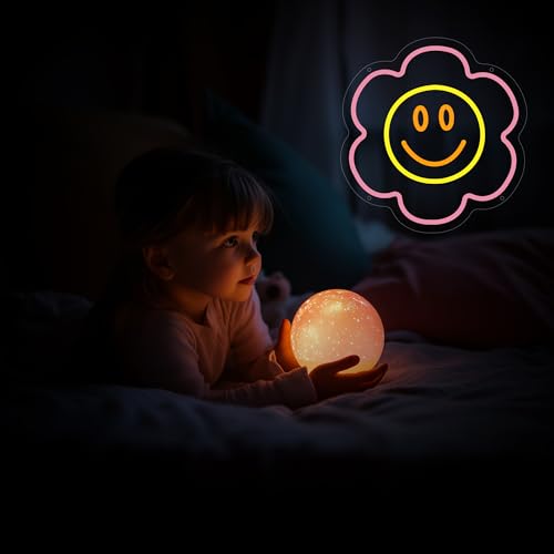 Image of Flower Neon Sign for Wall Decor, Smile Flower Led Signs, Dimmable Neon Light Sign for Bedroom, Game Room, Living Room, Bar Decoration, USB Powered Light Up Signs for Man Cave