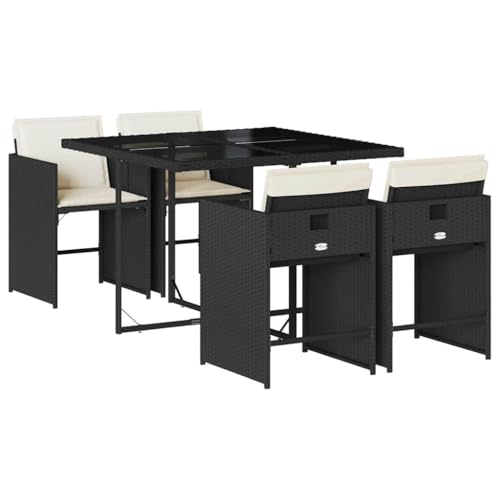 vidaXL Ensemble à Manger de Jardin Coussins 5 pcs, Chaises à Manger avec Accoudoirs, Ensemble de Meubles avec Table, Moderne, Noir Résine Tressée