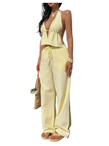 MakeMeChic Womens Summer 2 Piece Sets Backless Halter Tank Top Wide Leg Linen Pants Set Vacation Outfits Striped Yellow Medium