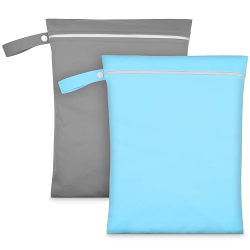 AOOSA 2PCS Wet Bags Reusable Cloth Diaper Bags with Handle and Zipper Lightweight Waterproof Travel Laundry Bag Washable Wet Dry Bag for Baby Items Travel Beach Swimming Gym Camping(Gray & Blue)