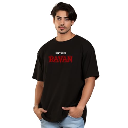 Image of Prabhubhakti Men's Oversized Raven Text Printed BlackT-Shirt | Drop Shoulder Pure Cotton Oversized Tshirt for Men