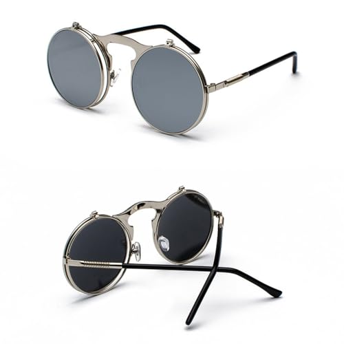 Vintage Steampunk Flip Up Hombres Gafas de Sol Mujeres Retro Redondo Marco de Metal Gafas de Sol bisagra Curva Gafas piernas UV400