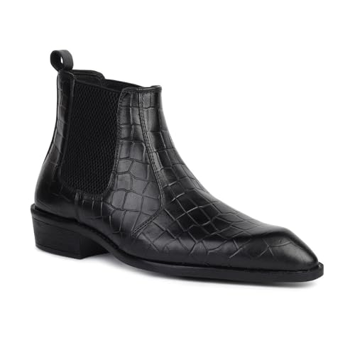 Image of Hayes London Chelsea Boots for Man | Crust Leather Black Ankle Boots | Cuban Heel Pointed Toe Stylish Formal & Casual Boots for Men | Slip-On Elastic Side Panel